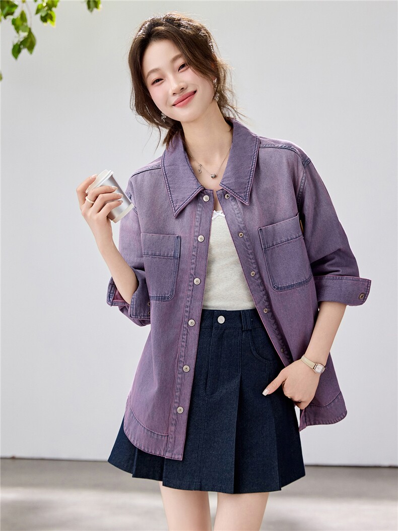 2026春季新款紫色渐变牛仔衬衫女设计感小众纯棉上衣休闲宽松外套,女装衬衫,艾米