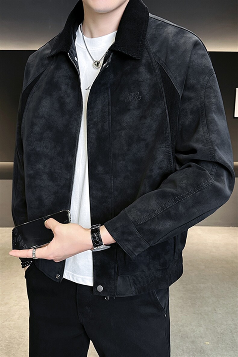 秋季夹克男2025新款翻领潮牌拼接男装皮衣外套A313-K275002-P155,男装皮衣,电商A313