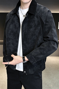 秋季夹克男2025新款翻领潮牌拼接男装皮衣外套 A313-K275002-P155图片