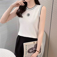 夏季圆领冰丝山茶花花边领撞色针织背心女打底衫无袖砍袖百搭薄款，女装背心吊带，萱芳婷羊绒