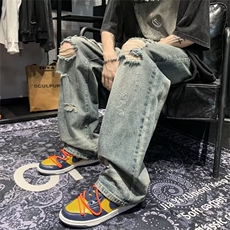 水洗破洞牛仔裤男夏季潮高街裤子设计感街舞裤NK321-P42，男装牛仔裤，星座1001-1