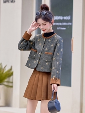 现货2025年新款小香风粗花呢套裙秋冬淑女短外套麂皮绒百折裙短裙，女装套装/套裙，兰菲阁