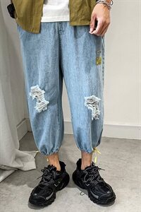 2021新款日系宽松大码破洞九分牛仔裤男直筒港风1008-Q图片