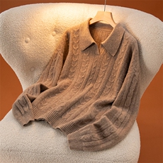 2025年秋季时尚百搭通勤简约休闲镂空加厚半开衬衫领，女装羊绒衫，盛世绒华