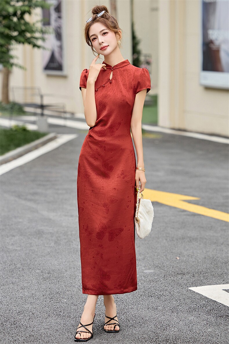 红色提花改良旗袍连衣裙女夏2025新款喜婆婆婚宴气质修身高端裙子,女装连衣裙,依如秀(原杭风阁)