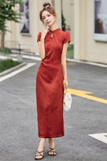 红色提花改良旗袍连衣裙女夏2025新款喜婆婆婚宴气质修身高端裙子，女装连衣裙，依如秀(原杭风阁)