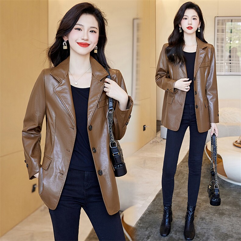 PU皮修身西服外套新款皮衣女植鞣油蜡皮做旧复古皮夹克，女装皮衣，江南女神