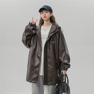 1中性风连帽夹克女大码夹克男情侣百搭皮衣女外套JK8744P90控128图片