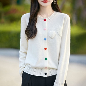 2025春秋半开V领精纺羊毛衫针织毛衣女彩扣长袖毛衣宽松休闲外套图片