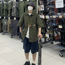 CS3165p55限78夏季休闲军绿色大码宽松多口袋尖领衬衫，男装衬衫，电商A089-1