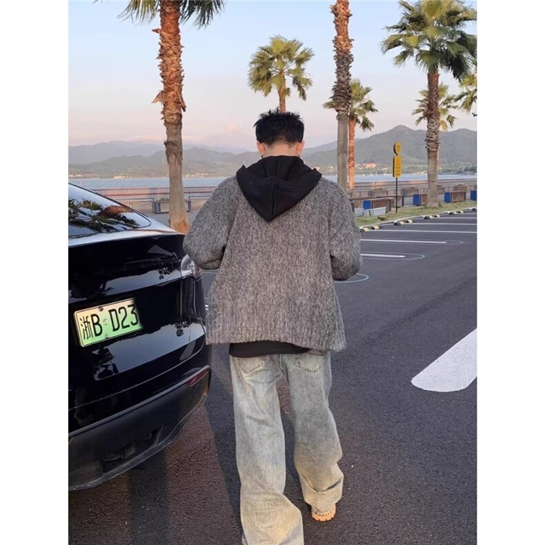 美式连帽针织衫男时尚拉链开衫外套灰色毛衣潮牌513AKS2677P60,男装针织衫/毛衣,星座513A