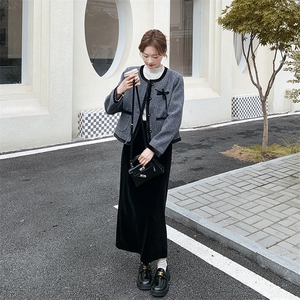 灰色撞色小香风外套半身裙两件套女秋冬2025新款设计高级感套装图片