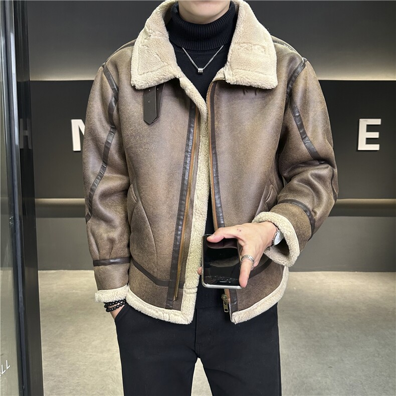 模特图2024冬季保暖外套皮毛一体加厚羊羔毛领翻领夹克8913p245，男装夹克，电商A203-1