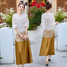新中式复古气质网纱设计感蕾丝立领防晒衬衣套装裙，女装套装/套裙，依多米