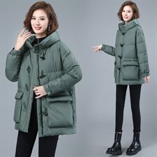 中长款宽松复古加厚连帽90白鸭绒羽绒服外套，女装羽绒服，简韵佳