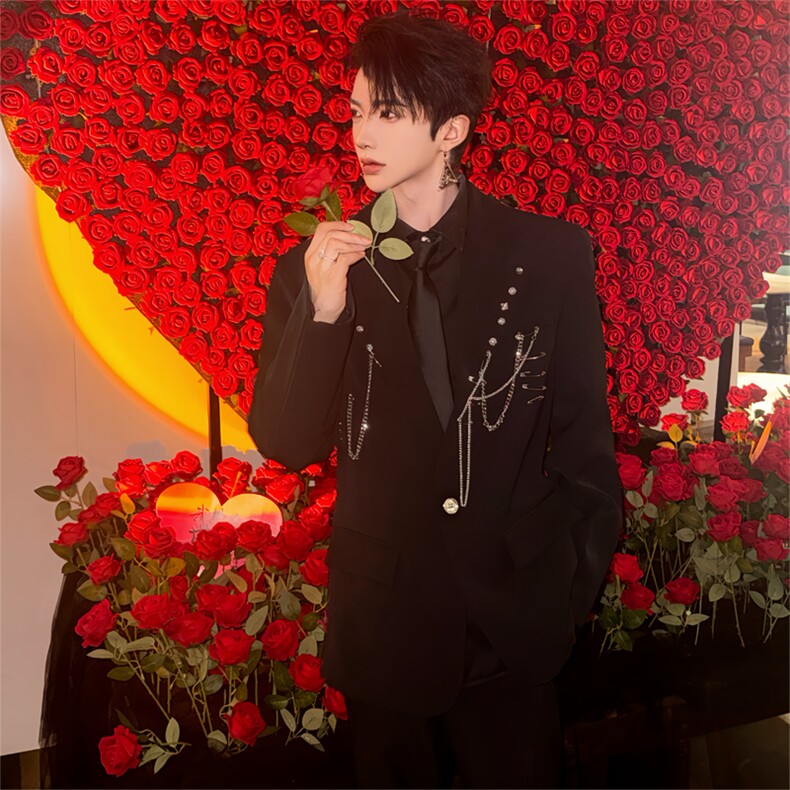 (图）小众设计感链条黑色西装垫肩西服2809-P110(内搭CS1160),男装西服,星座910-5