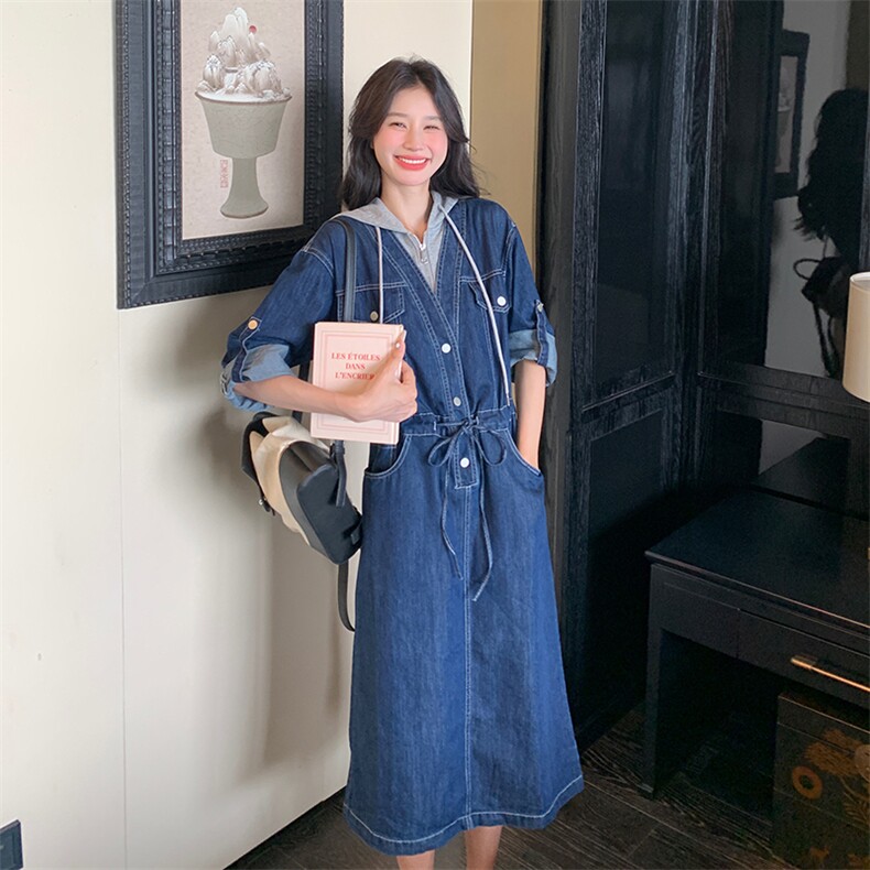 牛仔连衣裙女秋拼接假两件2024秋新款连帽休闲宽松减龄工装连衣裙,女装连衣裙,慧尚2-185