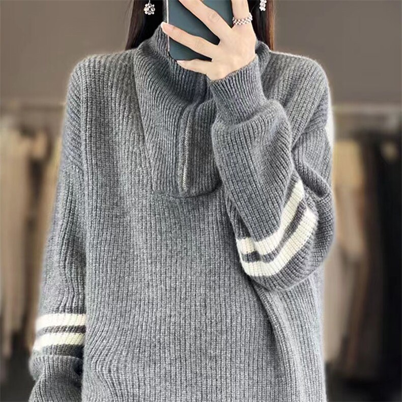 时尚百搭气质通勤女士半拉链针织打底衫显瘦修身长袖毛衣,针织衫/毛衣,萱芳婷羊绒