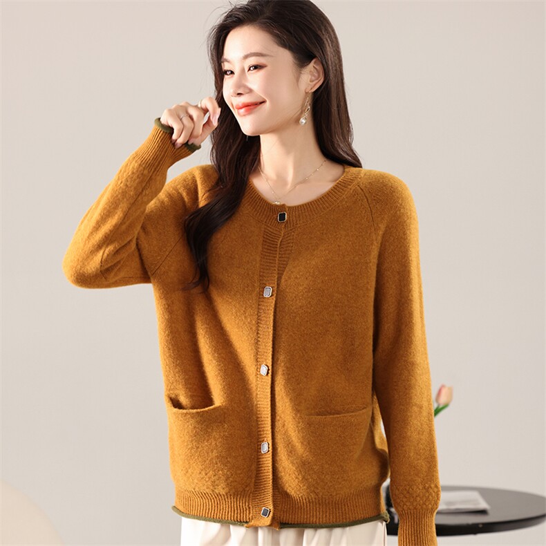针织上衣2024秋装新款简约时尚显瘦女士单排扣羊毛外套，女装羊毛衫，若菲羊绒