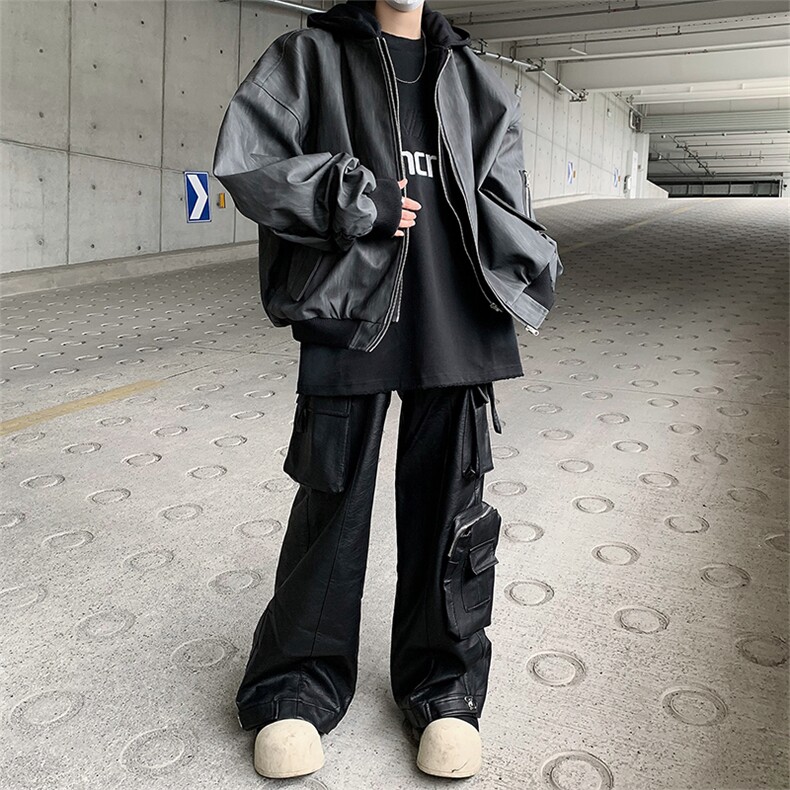 新款重磅假两件连帽皮衣外套男美式复古痞帅工装夹克JK85399-p85,男装夹克,星座1008