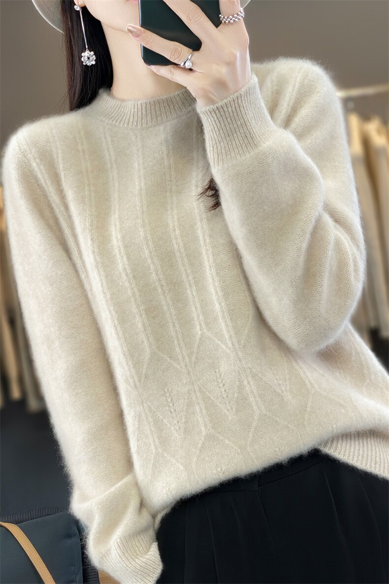 粉色百搭纯羊毛衫女圆领加厚毛衣秋冬新款保暖宽松针织打底衫羊绒,女装羊毛衫,九嘉羊绒
