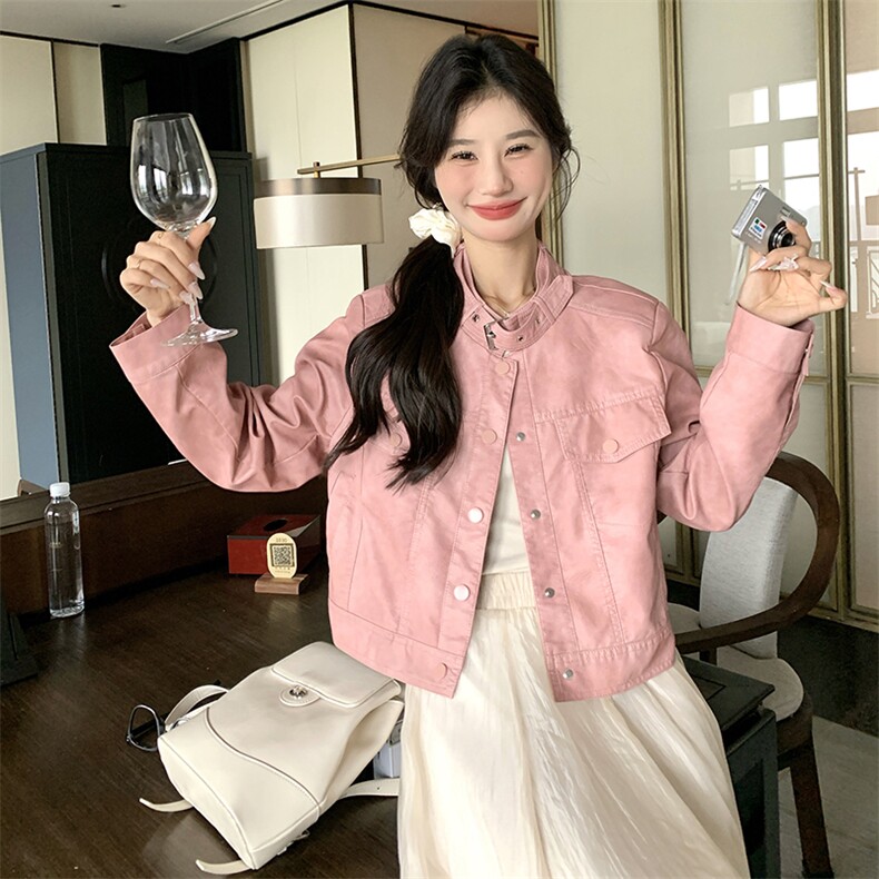 美拉德咖色皮衣短外套女春秋2025新款复古立领机车服休闲夹克上衣,女装皮衣,唛多