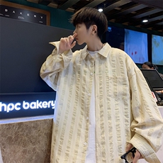 秋季条纹长袖衬衫男韩版复古文艺衬衣外套宽松休闲寸衣潮RC91-P40，男装衬衫，星座1008