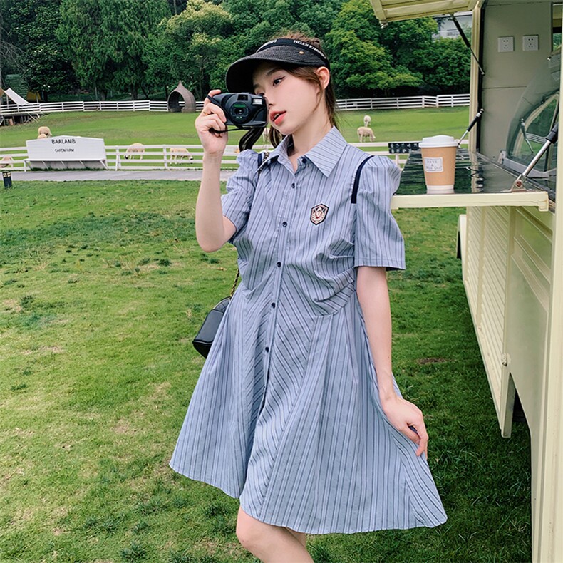 超好看ifashion韩系蓝色衬衫连衣裙女夏2025年新款高级感气质中裙,女装连衣裙,2D078