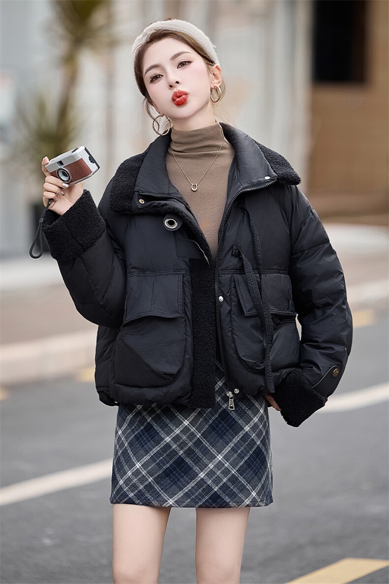 时尚新款仿羊羔毛拼接休闲小个子白鸭绒羽绒服女短款加厚保暖外套,女装羽绒服,采品优优