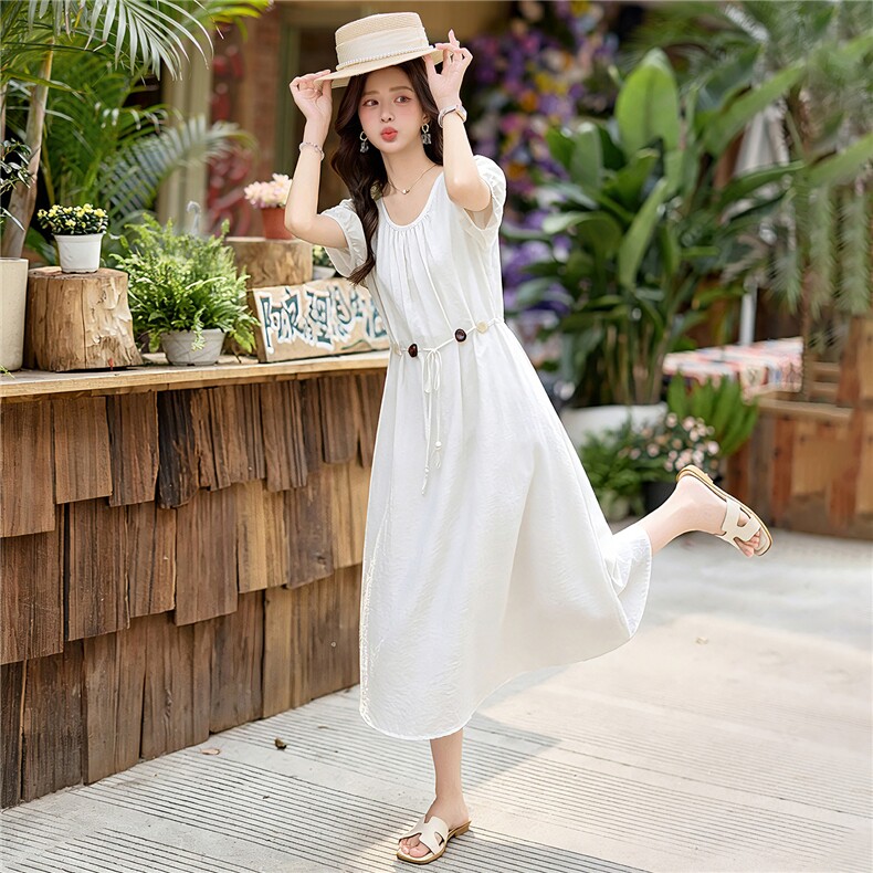 （现货）2026夏季新款简约宽松串珠收腰短袖减龄连衣裙,女装连衣裙,难舍钰依
