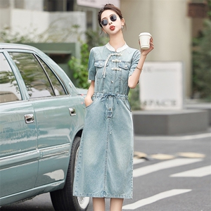 2024夏季新款薄款短袖新中式国风盘扣牛仔连衣裙女中长款立领裙子图片