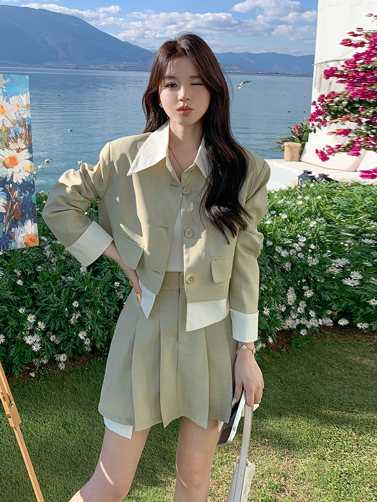 春现-学院风可盐可甜假两件外套裙套装B190-2813-P160-K218,女装套装/套裙,2B190