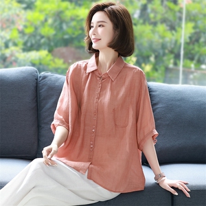棉麻衬衫女2025夏季新款宽松大码休闲短袖衬衣苎麻妈妈减龄上衣薄图片
