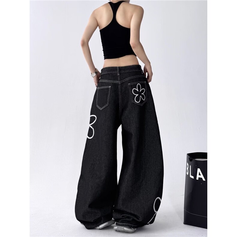 新款潮流牛仔裤女美式格子卷边拼接宽松直筒垂感显瘦阔腿裤子，男装牛仔裤，星座302B-2