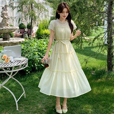 连衣裙女马卡龙色粉蓝黄2025夏季新款冰丝雪纺高级感减龄裙子，女装连衣裙，玖莱伊
