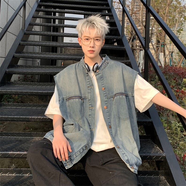 wassuphappy水洗牛仔马甲男夏季潮牌美式坎肩休闲外套宽松上衣服,男装背心/马甲,星座228-1