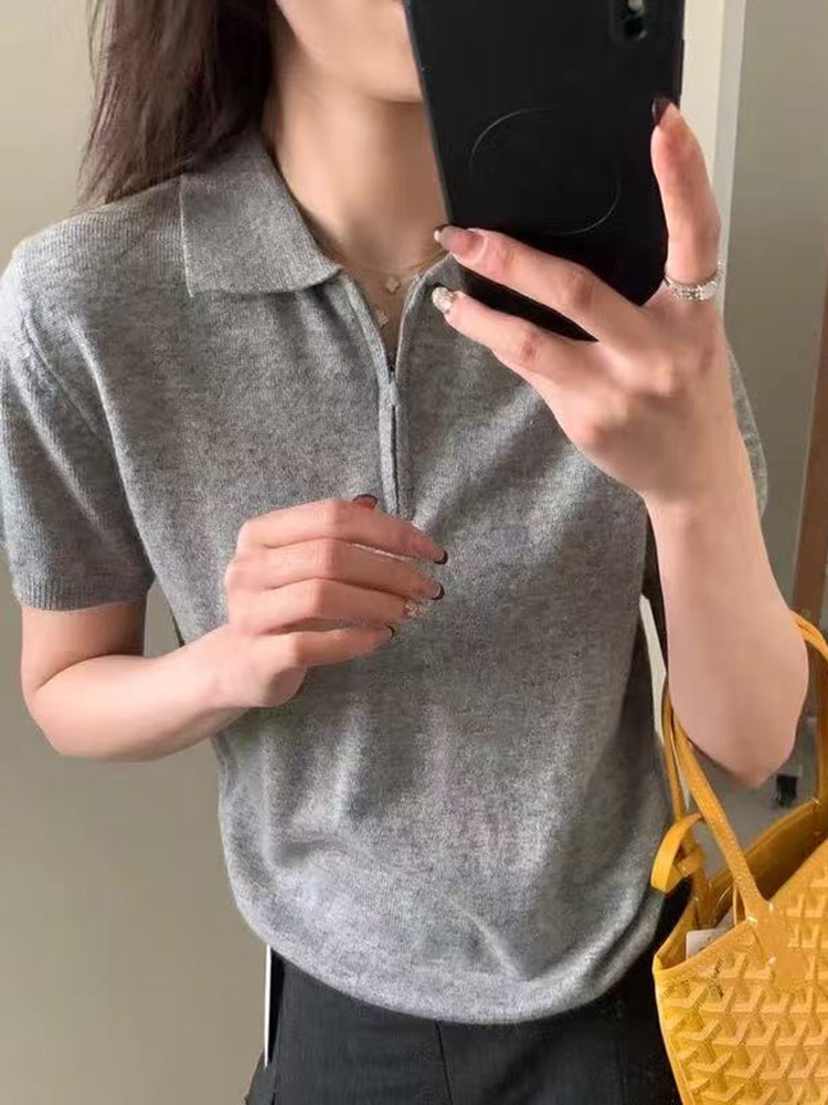 翻领时尚短袖夏季新款百搭修身型,女装T恤,锦弘羊绒