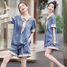 牛仔短裤套装2025年夏短袖两件套国风撞色潮流提花拼接牛仔两件套，女装套装/套裙，橙子家