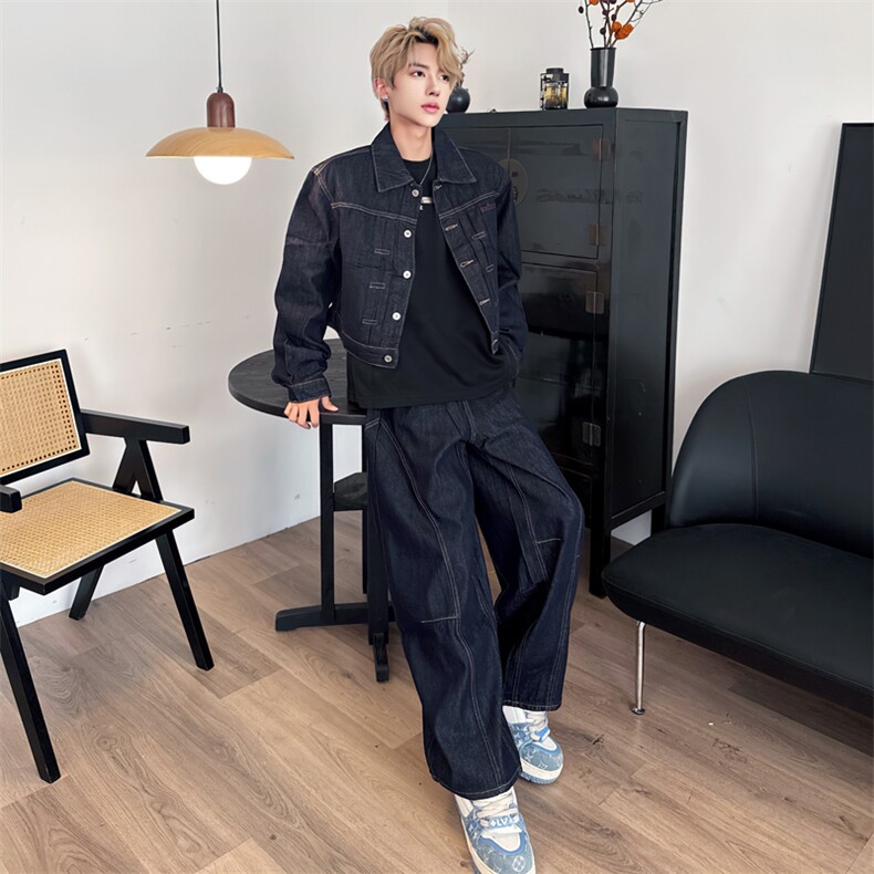 （自家图现）短款牛仔阔腿裤套装6025-套装P130裤子P60上衣P70，男装休闲套装，星座910-5