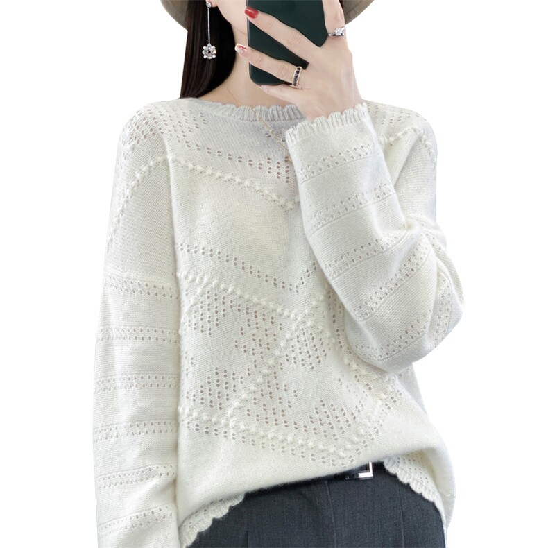 秋冬新款花边圆领羊绒针织衫女套头毛衣韩版显瘦羊毛长袖打底衫,女装羊毛衫,忠诺羊绒