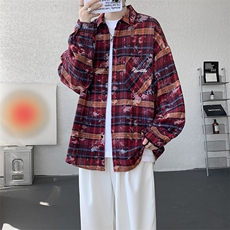 衬衫男秋季新款港风宽松大码格子扎染刺绣长袖衬衣CS3016-P38，男装衬衫，星座214-3