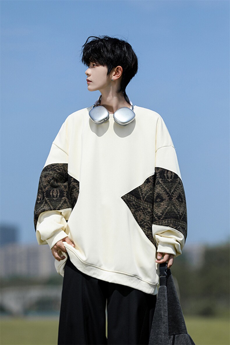 8XL-M春秋季圆领拼接撞色民族风卫衣男新款潮牌上衣服WY005P58,男装民族服装,电商B312