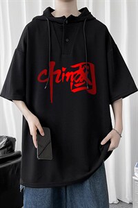 LD54199-P45 连帽短袖t恤男大码胖子带帽五分袖中袖图片