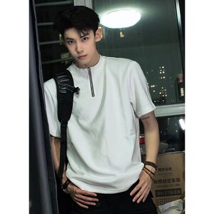 半拉链亨利领设计感黑色收袖口T恤短袖男夏季痞帅半袖 T7707图片