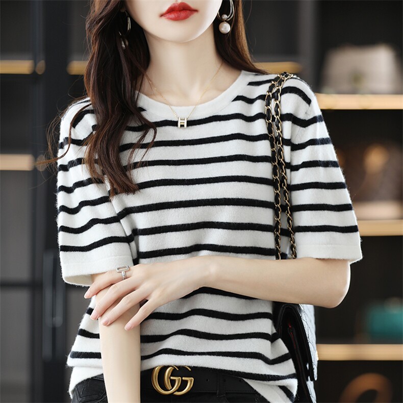 短袖羊毛衫女2024夏季新款羊毛短款条纹圆领薄款针织打底衫，女装T恤，蒙特羊绒