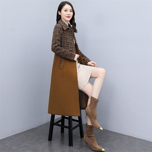 时尚格子拼接毛呢外套女秋冬新款气质显瘦中长款大衣优雅百搭图片
