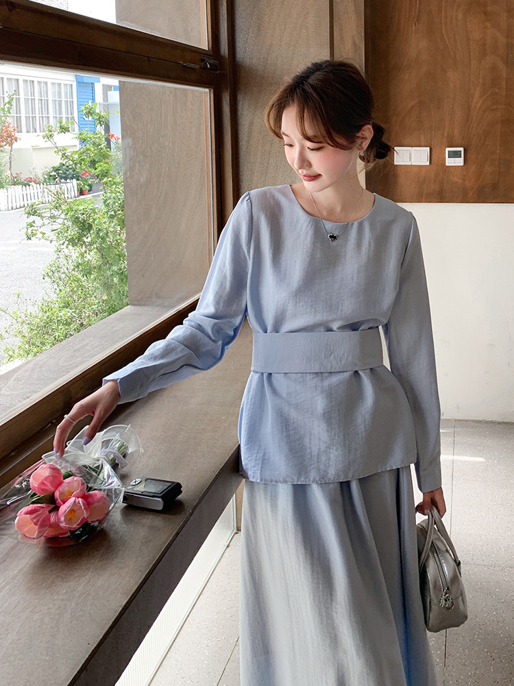 法式小香风千金感时尚套装女2025春季新款绑带衬衫半身长裙两件套,女装套装/套裙,浙宝220