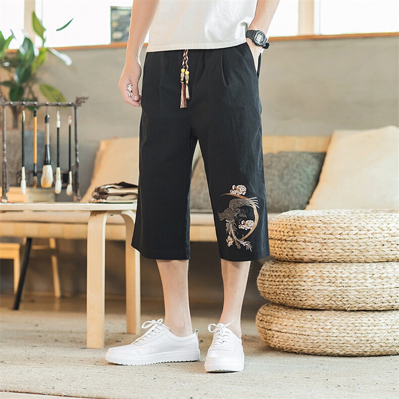 风休闲运动裤男装刺绣七分裤夏季棉麻直筒复古A266-1-K10-P50,男装牛仔裤,电商A266-1