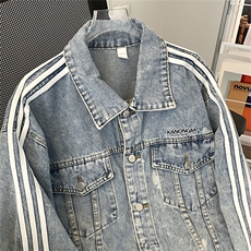 春季新款条纹拼接翻领牛仔夹克男潮牌运动风宽松外套W8069-P64，男装夹克，星座512-4