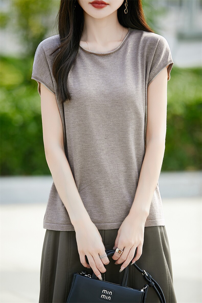 高级感简约圆领针织小飞袖T恤女2025新款宽松显瘦百搭短袖t恤上衣,针织衫/毛衣,羿纯羊绒
